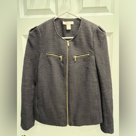 H&M Charcoal Textured Tweed Jacket Blazer with Gold Details - Picture 3 of 8